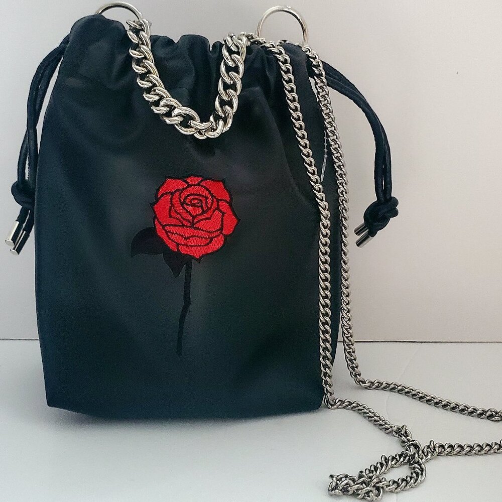 NEWER Faux Leather Black Bucket Crossbody Bag Silver Chain Embroidered Rose